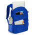 A blue backpack features multiple pockets, a drink bottle, a laptop, and stationery, with a logo on the front.