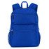 A blue backpack with multiple zippered compartments and mesh side pockets. Features padded shoulder straps and a logo.