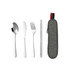 A travel cutlery set in silver, featuring a spoon, knife, fork, and chopsticks, housed in a grey case with a logo.