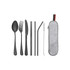 A stainless steel flatware set in black, featuring a spoon, fork, knife, chopsticks, straw, cleaner, and carrying case.
