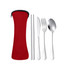 A red carrying case containing silver cutlery: a knife, fork, spoon, and chopsticks.