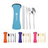 A travel cutlery set including a spoon, knife, fork, and chopsticks in assorted colours and a branded carrying case.