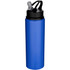 A drink bottle in vibrant blue, made of recycled stainless steel, featuring a black lid and a straw.