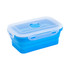 A collapsible silicone food storage container in vibrant blue with a transparent lid and a branded logo.