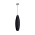 A black milk frother with a stainless steel whisk attachment and a sleek ergonomic design.