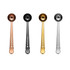 Coffee measuring spoons in copper, black, gold, and silver, with clips and a logo on the handles.