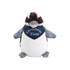 A Kookaburra plush toy in brown, white, and grey, wearing a blue bandana with festive text.