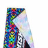 A beach towel featuring a vibrant, multi-coloured geometric pattern with a soft, pastel-lined underside and a logo.