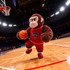 A brown plush toy monkey dressed in a red sports jersey, holding a basketball on a court.