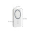 A white 5000mAh magnetic wireless power bank with dimensions displayed, featuring a circular design and a logo.