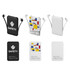 A slim power bank in black and white, featuring integrated charging cables and a design with yellow, red, and blue accents.