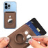 A brown PU magnetic card and Airtag holder, displaying a phone with a card inserted and a hand holding the holder.