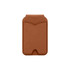 A brown PU magnetic card holder with a sleek design and a cut-out base. Features a textured surface.