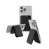 A black PU foldable magnetic card holder with phone stand, attached to two smartphones, showcasing its features.