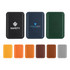 A collection of PU magnetic phone card holders in black, navy, green, orange, brown, and silver, featuring various logos.