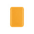 A PU magnetic phone card holder in bright yellow with a smooth finish and a logo on the front.