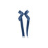 A navy blue adhesive ribbon bow with two long trailing ribbons, featuring a smooth satin finish.