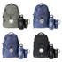 A range of backpacks in grey, navy, and black, accompanied by drink bottles and mugs, with branding on the items.