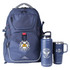 A navy blue backpack with a logo, accompanied by a drink bottle and a travel mug, both in shades of blue.