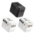 Three travel adapters in black and white, featuring multiple USB and charging ports, with one having a logo.