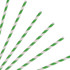 A set of disposable 3-ply straight drinking paper straws in green and white stripes, arranged randomly.