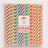 A pack of 100 disposable 3-ply straight drinking paper straws in red, green, blue, and orange stripes. The pack has a logo.