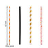 Four straight drinking paper straws are displayed: an orange and white striped straw, a black straw, a gold and white striped straw, and a pink floral straw.