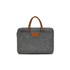 A grey suede PU leather laptop bag with brown handles and a sleek design. Features a logo on the front.