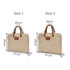 A beige suede PU leather laptop bag with brown handles, available in two sizes, displaying dimensions for each.