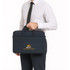 A business laptop bag in navy blue, featuring a logo and two handles for easy carrying.