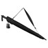 A black umbrella with a handle and strap, featuring a branding logo and tag.
