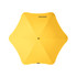 A yellow umbrella with a unique star shape, featuring a central button and a logo.