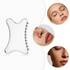 A clear Gua Sha tool with a curved shape and rounded edges, surrounded by close-up images of faces.