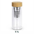 A drink bottle with a clear body, stainless steel infuser, and a bamboo lid. It features a simple, modern design.