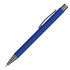 A blue aluminium pen with a silver clip and a smooth finish, featuring a branding logo.