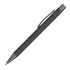 A matte black metal pen with a sleek design and a clip for easy attachment. It features a branding logo.