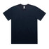 An oversized tee in navy blue, featuring a simple design with a neckline and short sleeves. It has a logo on the label.