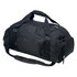 A black duffle bag with multiple compartments, carrying handles, and a shoulder strap. It has a logo.