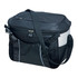A black and grey cooler bag with a strap, featuring mesh pockets and a zippered top. It has a logo on the side.