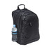 A black laptop backpack with multiple compartments and a side pocket holding a drink bottle.