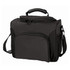 A black cooler bag with a zippered top, a handle, and side mesh pockets, featuring a logo.