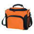 An orange cooler bag with black accents, featuring a zippered top, front pocket, and adjustable shoulder strap.