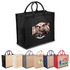 A black eco jute tote bag with a wide gusset and multiple colour options displayed beneath it. It features a logo.
