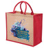 A jute tote bag with a wide gusset featuring red handles and a vibrant printed design on one side.