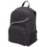A black backpack with a zippered main compartment, front pocket, and side mesh pocket, featuring a subtle white design.