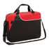 A black and red laptop bag with handles and an adjustable shoulder strap, featuring a logo.