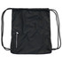 A black drawstring bag featuring a zippered pocket and a logo. Ideal for carrying small items.