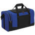 A blue and black duffle bag featuring dual handles and a zip closure, with an additional side pocket and a logo.