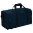 A duffle bag in dark blue with black straps and multiple zippered compartments, featuring a logo.