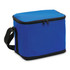 A blue cooler bag with a zippered closure and a black adjustable strap, featuring one logo.
